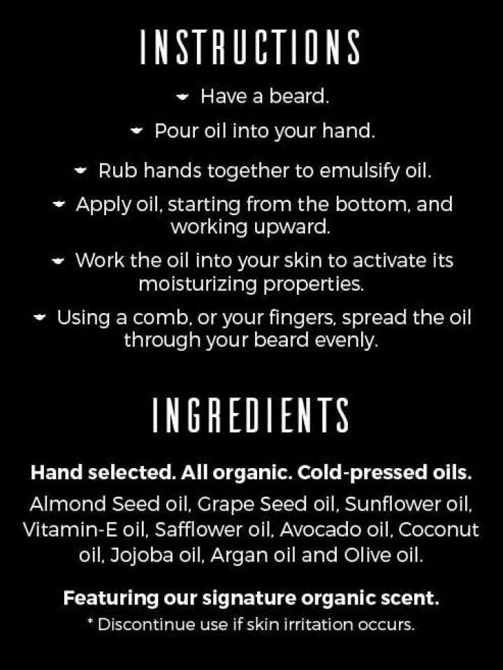 Instructions and ingredients for a beard product