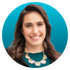 Smiling woman in a teal top with a gold necklace on a teal circular background