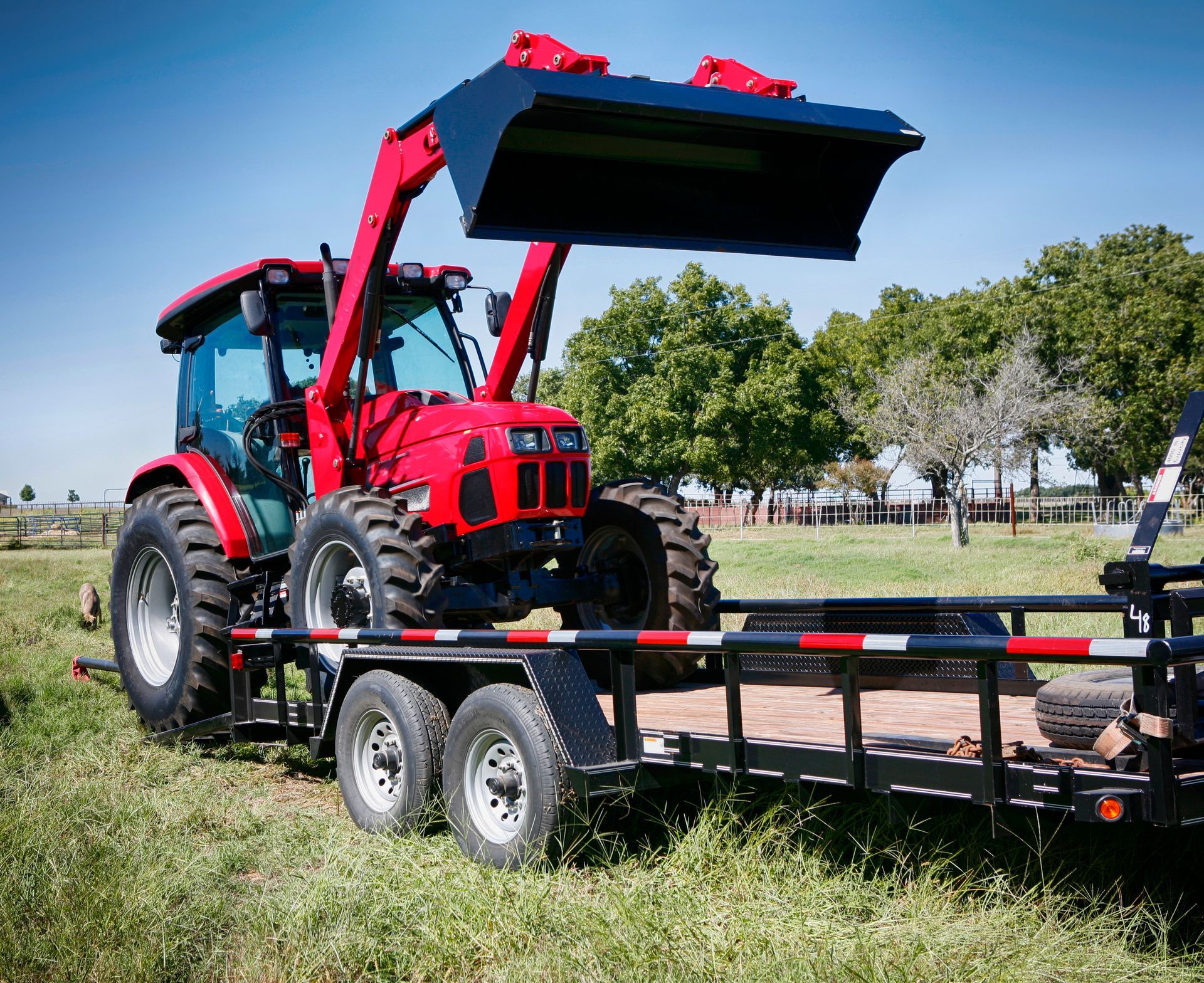 Red tractor with loader bucket on a trailer in a field, under a blue sky.
