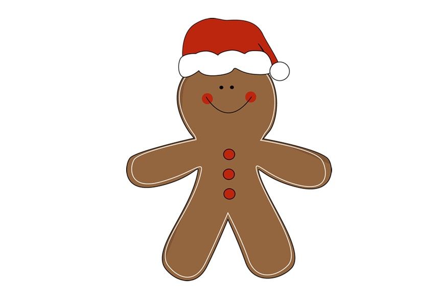 A gingerbread man wearing a santa hat and smiling