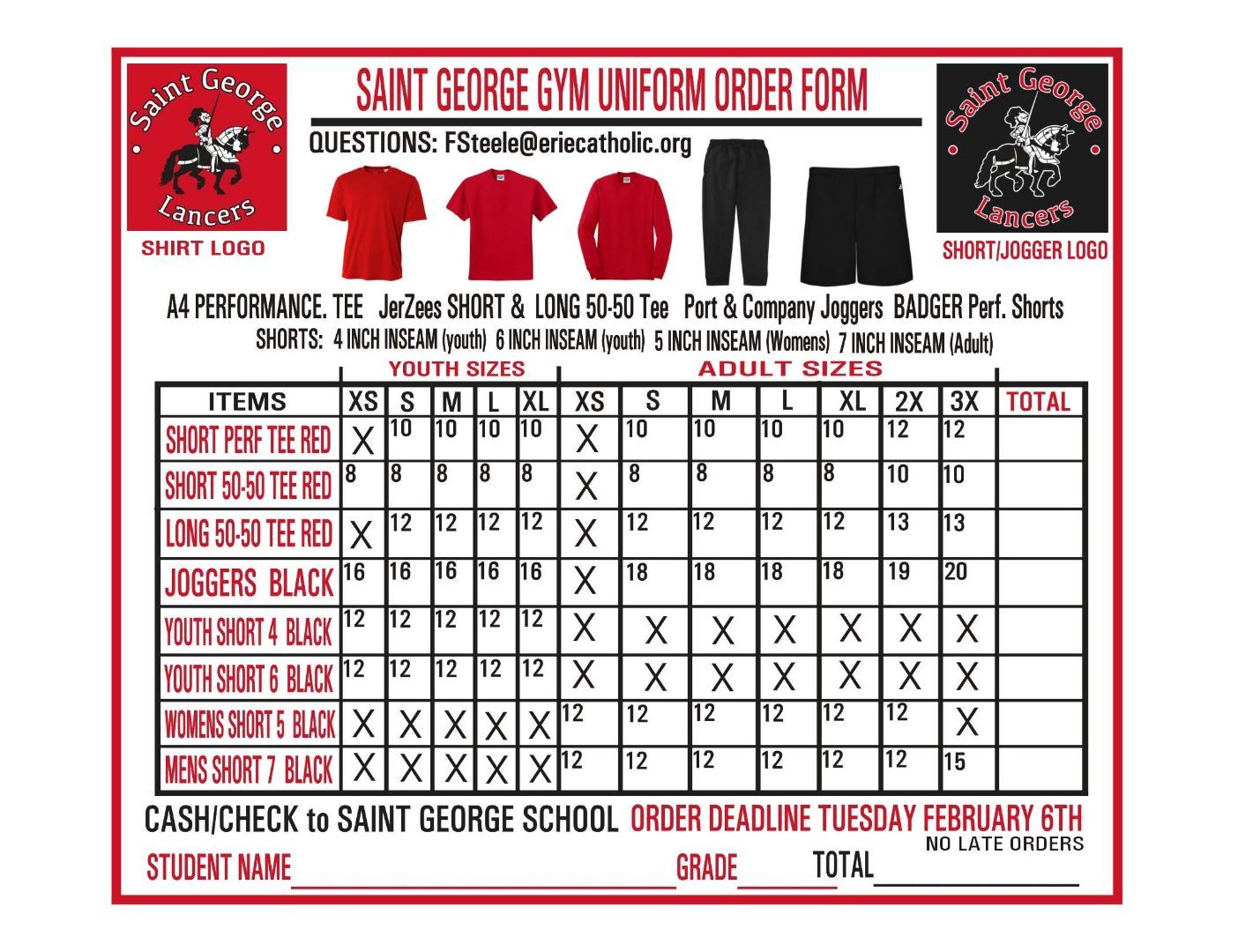 A saint george gym uniform order form for shirts and pants