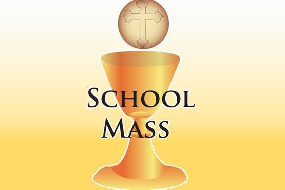 A picture of a chalice with the words school mass on it