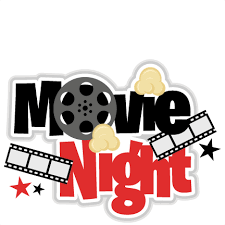 A movie night logo with popcorn and film strips