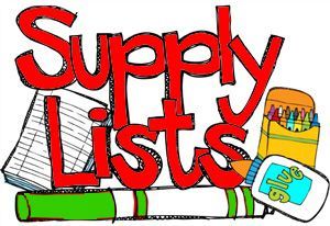 A picture of a supply list with a stack of school supplies.