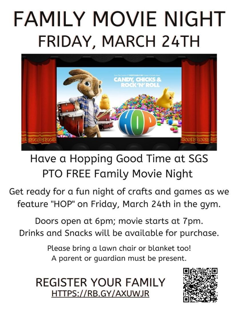 A poster for a family movie night on friday march 24th