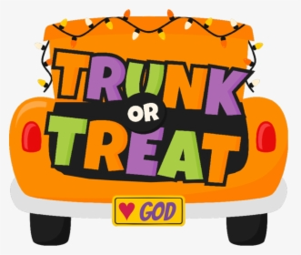 An orange truck with trunk or treat written on it