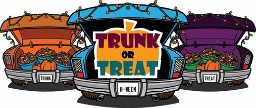 Three trunk or treat cars with pumpkins in the trunks