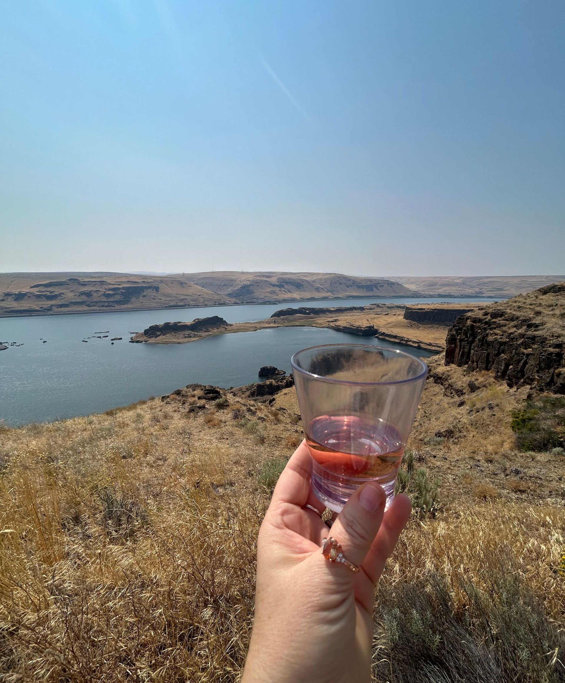 A person is holding a glass of wine in front of a lake.