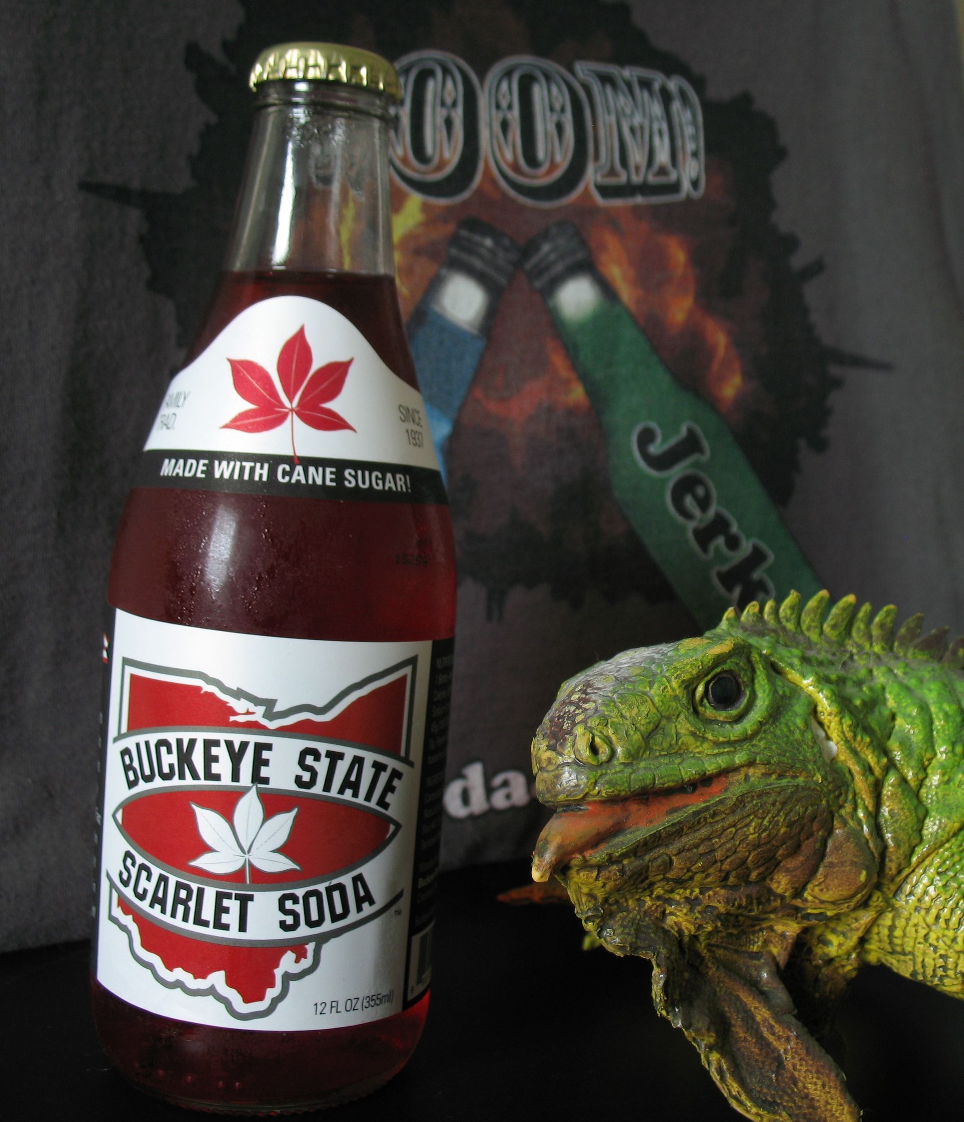 A bottle of buckeye state scarlet soda next to a lizard