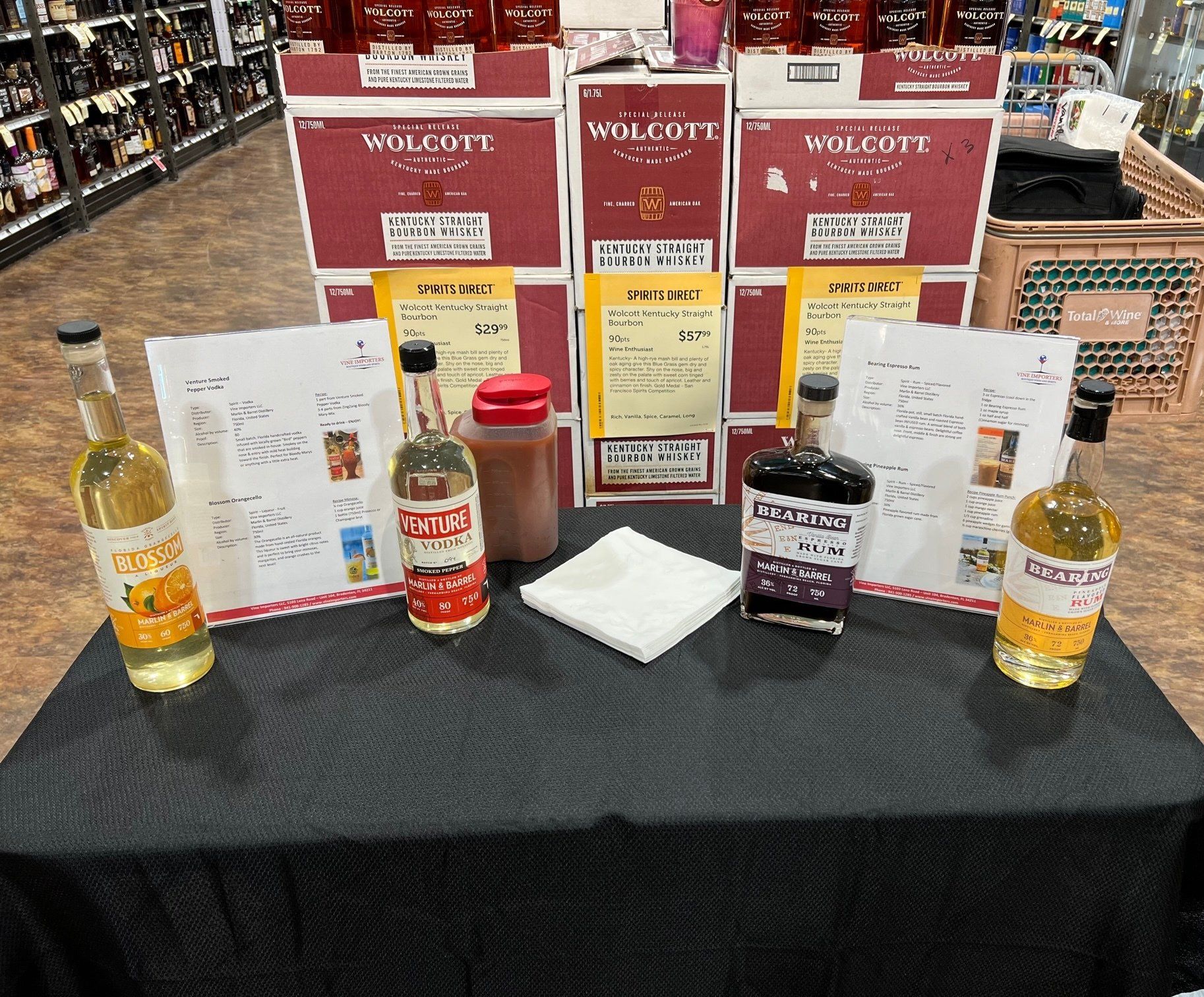 A table with bottles and boxes of wine on it