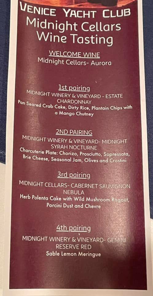 A menu for venice yacht club midnight cellars wine tasting