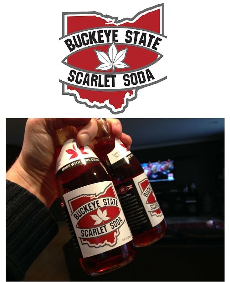 A person is holding two bottles of buckeye state scarlet soda