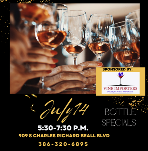 A poster for july 14 bottle specials sponsored by vine importers