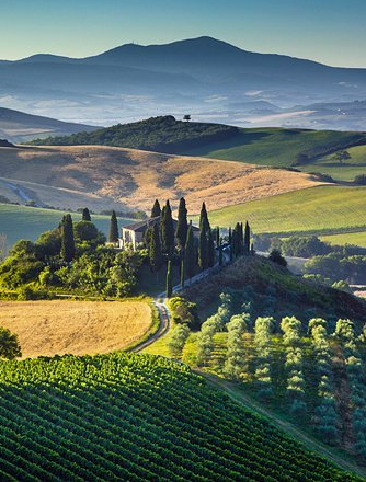 A road going through a lush green valley with mountains in the background.