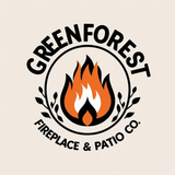 Logo for Greenforest Fireplace & Patio Co. with a flame surrounded by the company name and branches.