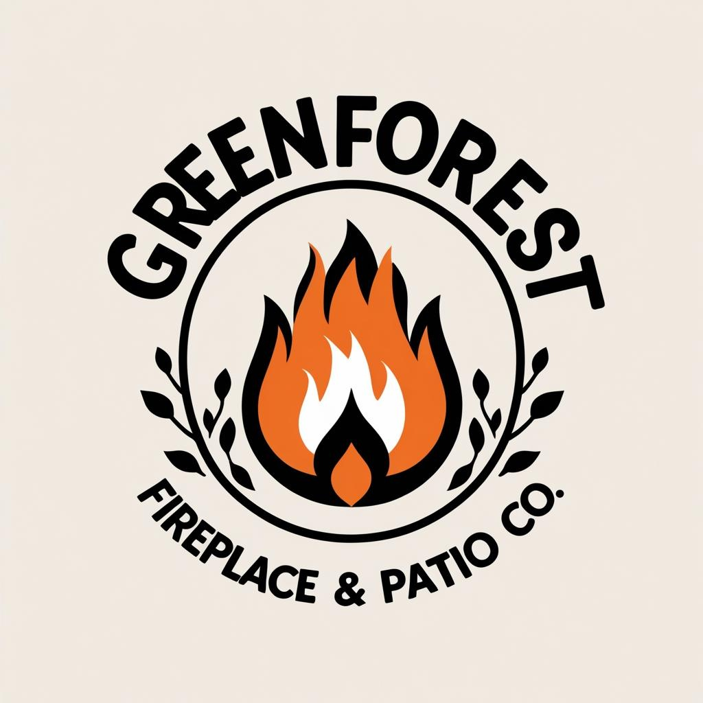 Logo for Greenforest Fireplace & Patio Co. with a flame surrounded by the company name and branches.