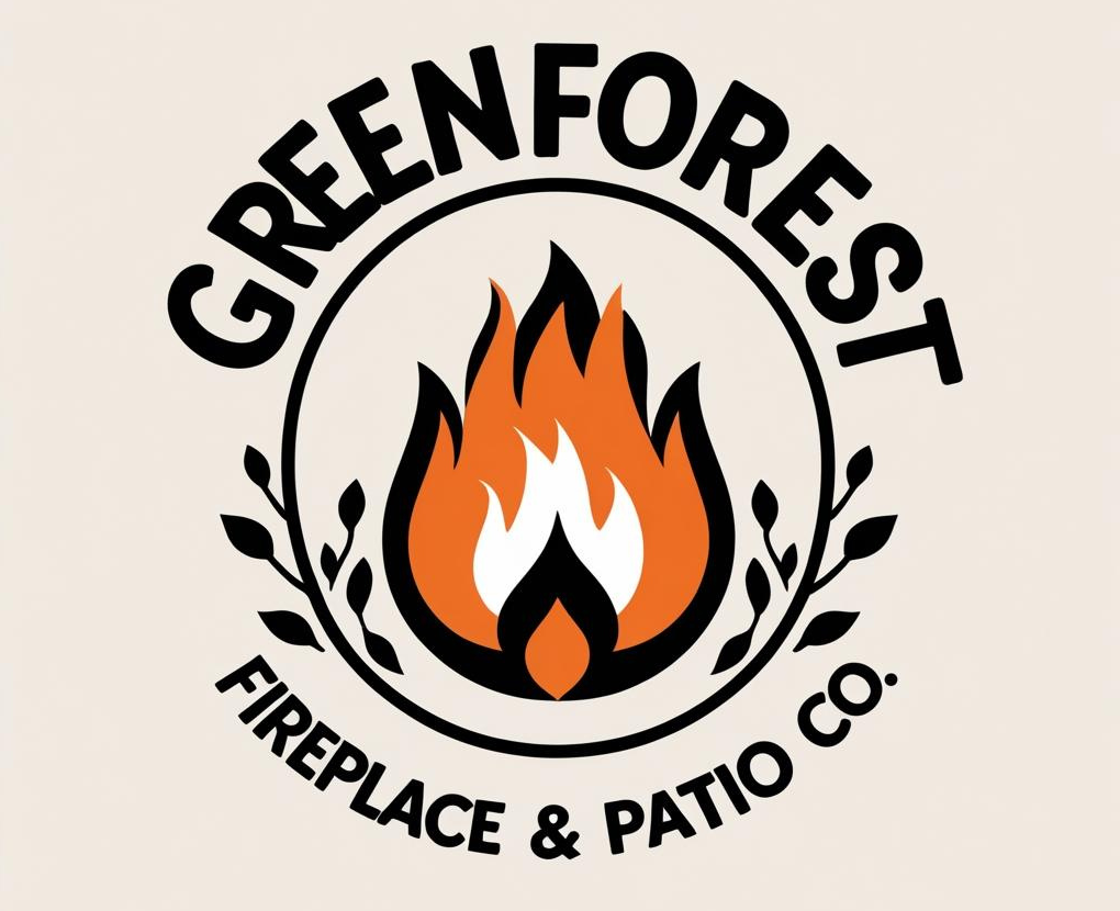 Logo: Greenforest Fireplace & Patio Co. with flames, circle, and leaf accents.