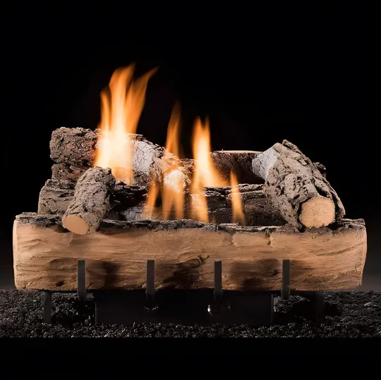 Gas fireplace with ceramic logs and orange flames against a black background.