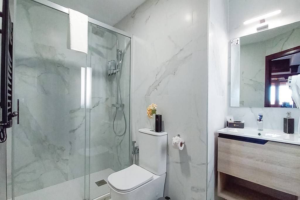 A bathroom with a toilet , sink , shower and mirror.