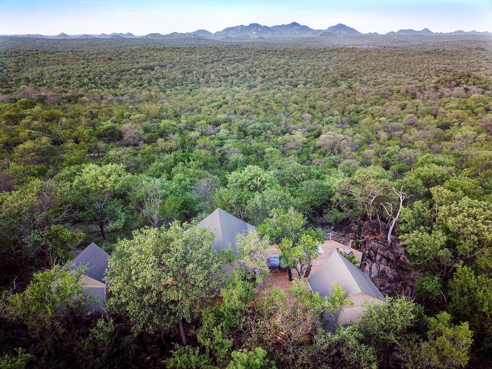 an aerial view of a tent in the middle of the bush.