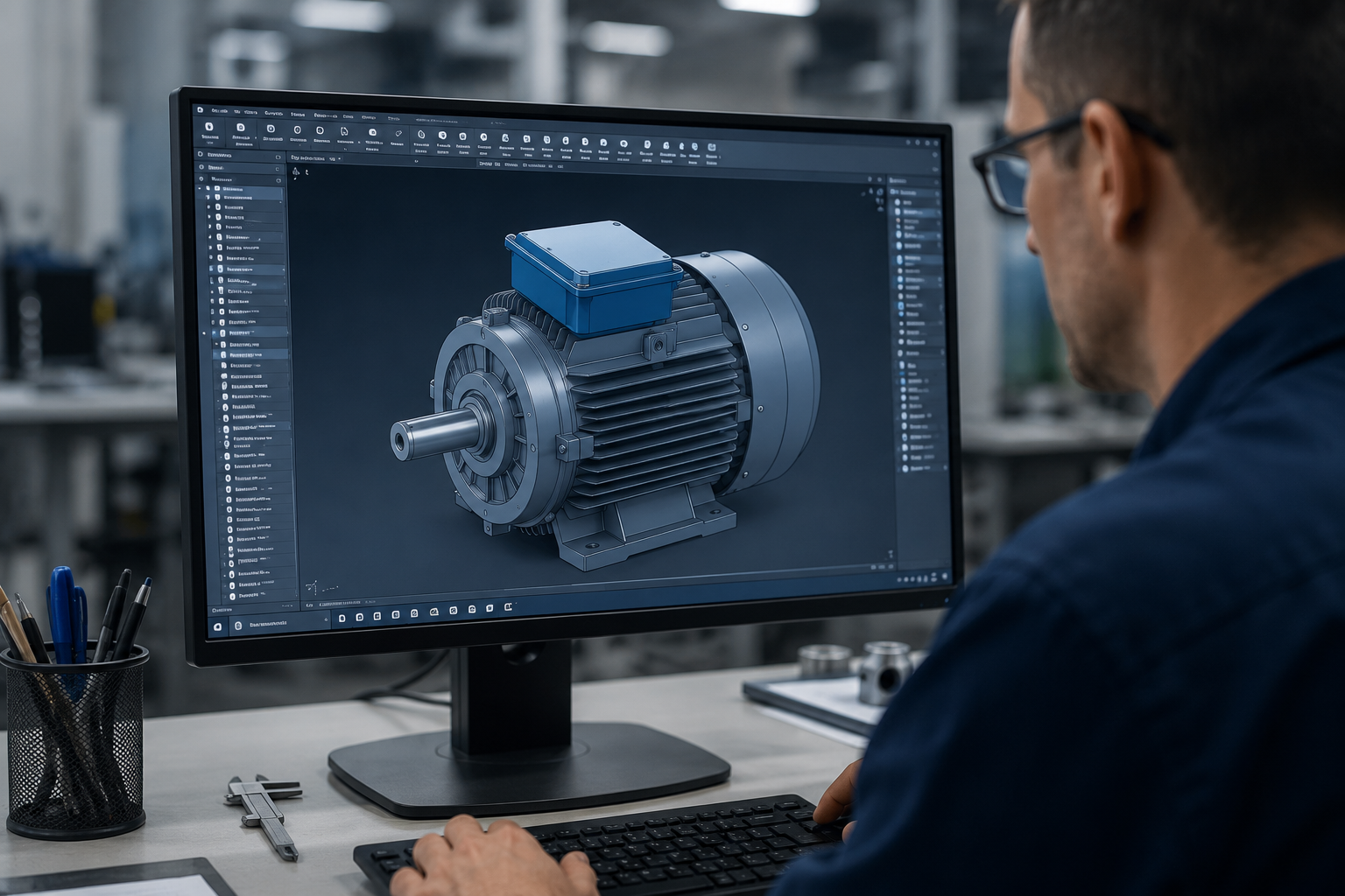 Persona che osserva un progetto meccanico 3D su un monitor di computer in un'officina