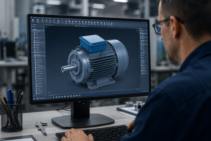 Persona che osserva un progetto meccanico 3D su un monitor di computer in un'officina