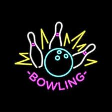 A neon sign for a bowling club with a bowling ball and pins