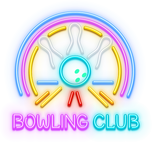 A neon sign for a bowling club with a bowling ball and pins