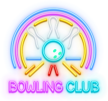 A neon sign for a bowling club with a bowling ball and pins