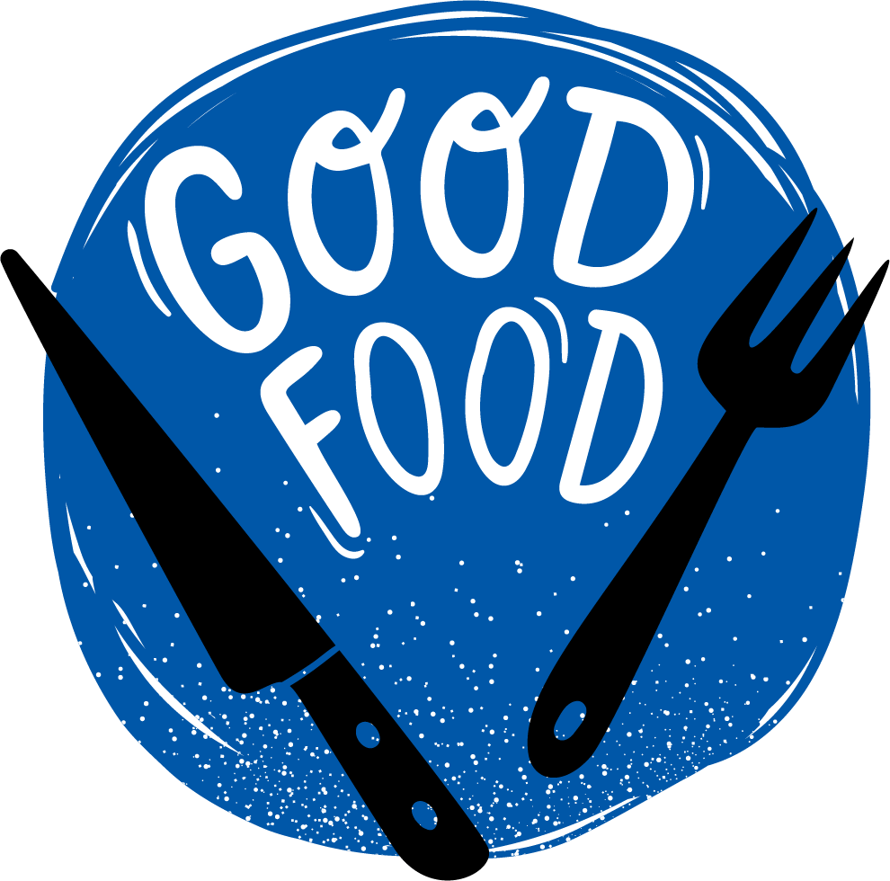 A blue circle with the words good food written on it