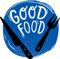 A blue circle with the words good food written on it