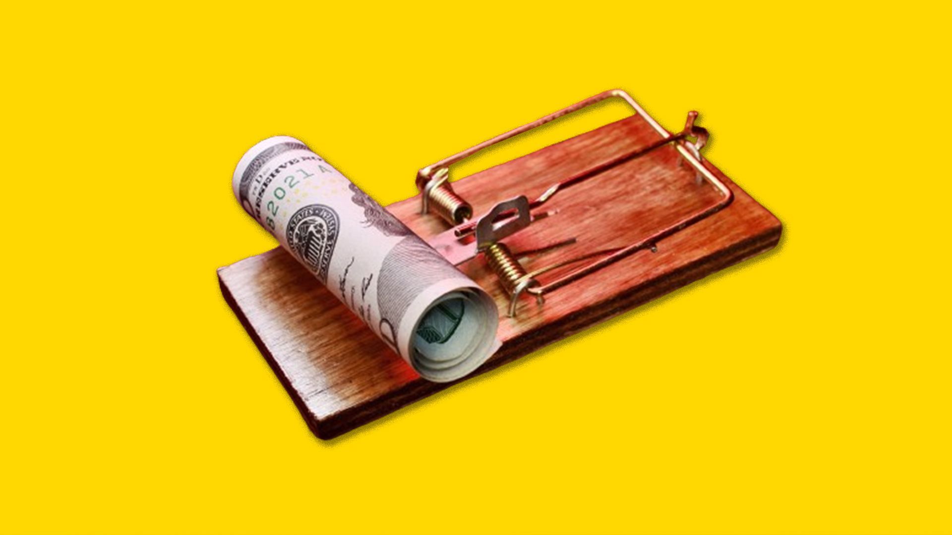 uma ratoeira com um rolo de dinheiro em um fundo amarelo.