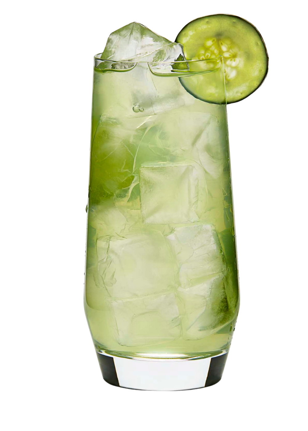 A tall glass filled with ice and a cucumber slice on a white background.