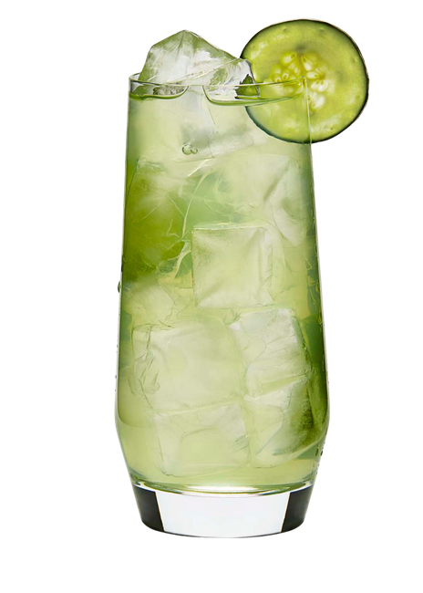A tall glass filled with ice and a cucumber slice on a white background.