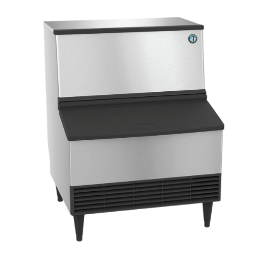 A stainless steel ice maker with a black lid on a white background.