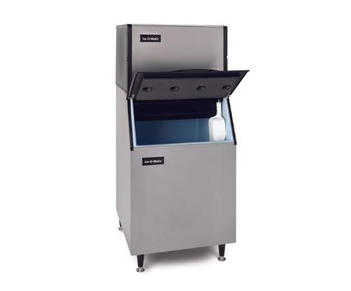 A stainless steel ice maker with the lid open on a white background.