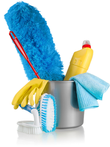 Cleaning supplies in a gray bucket: duster, gloves, brush, spray bottle, and blue microfiber cloth.