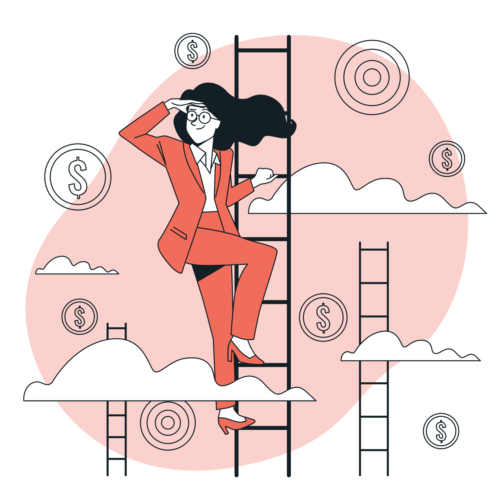 Una mujer con traje está parada encima de una escalera.