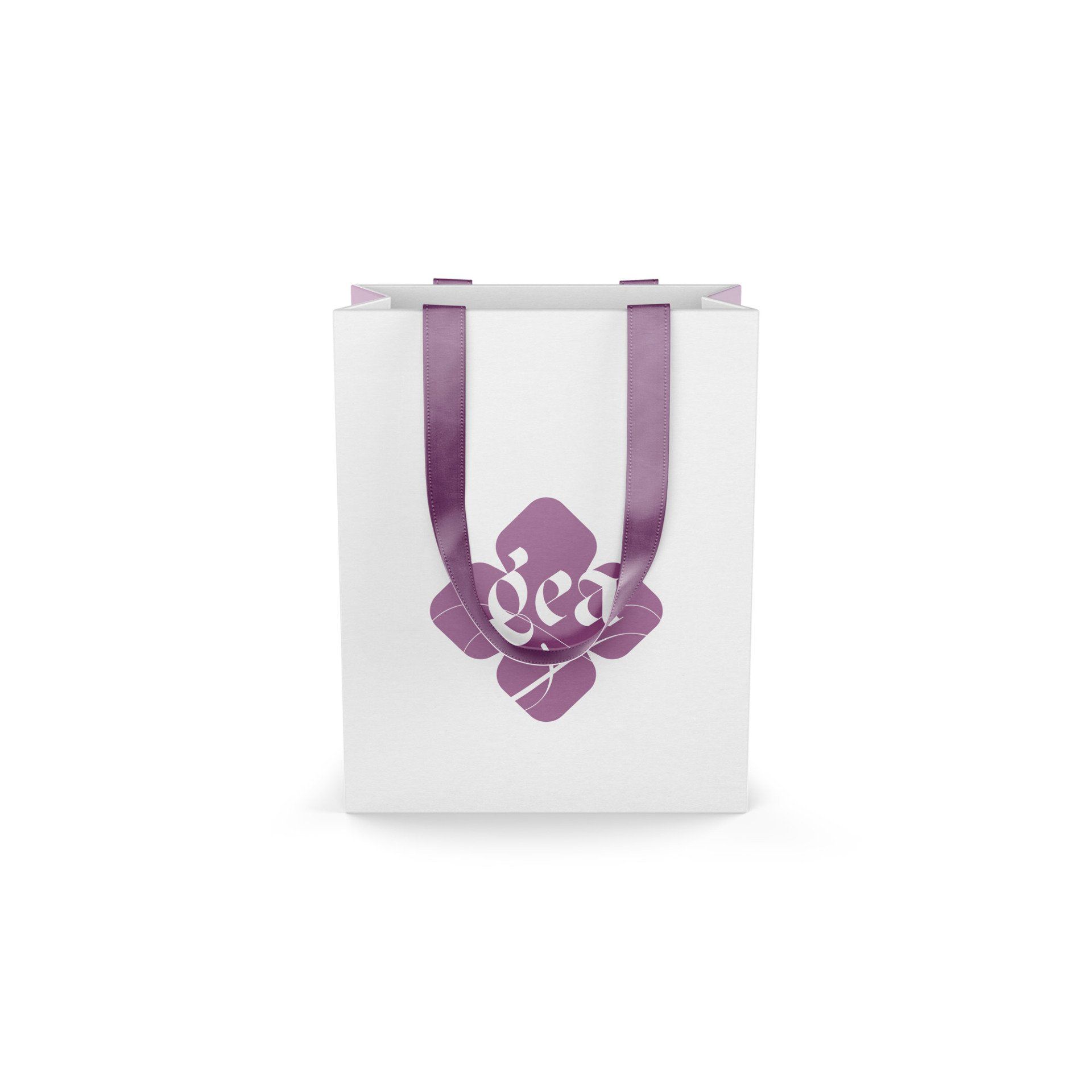 White tote bag with purple logo and handles.