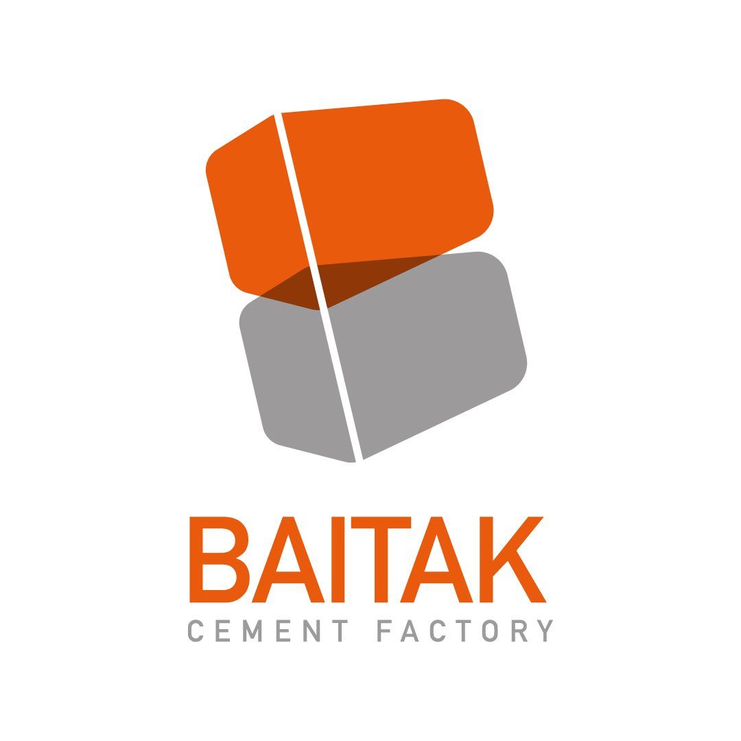 Logo for Baitak Cement Factory: orange and gray overlapping cube shapes above company name.