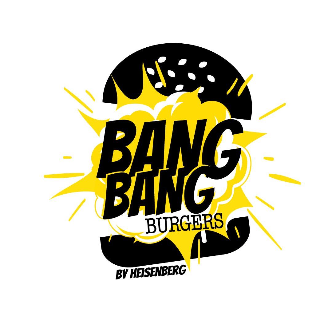 Bang Bang Burgers logo with black burger silhouette and yellow explosion graphic,