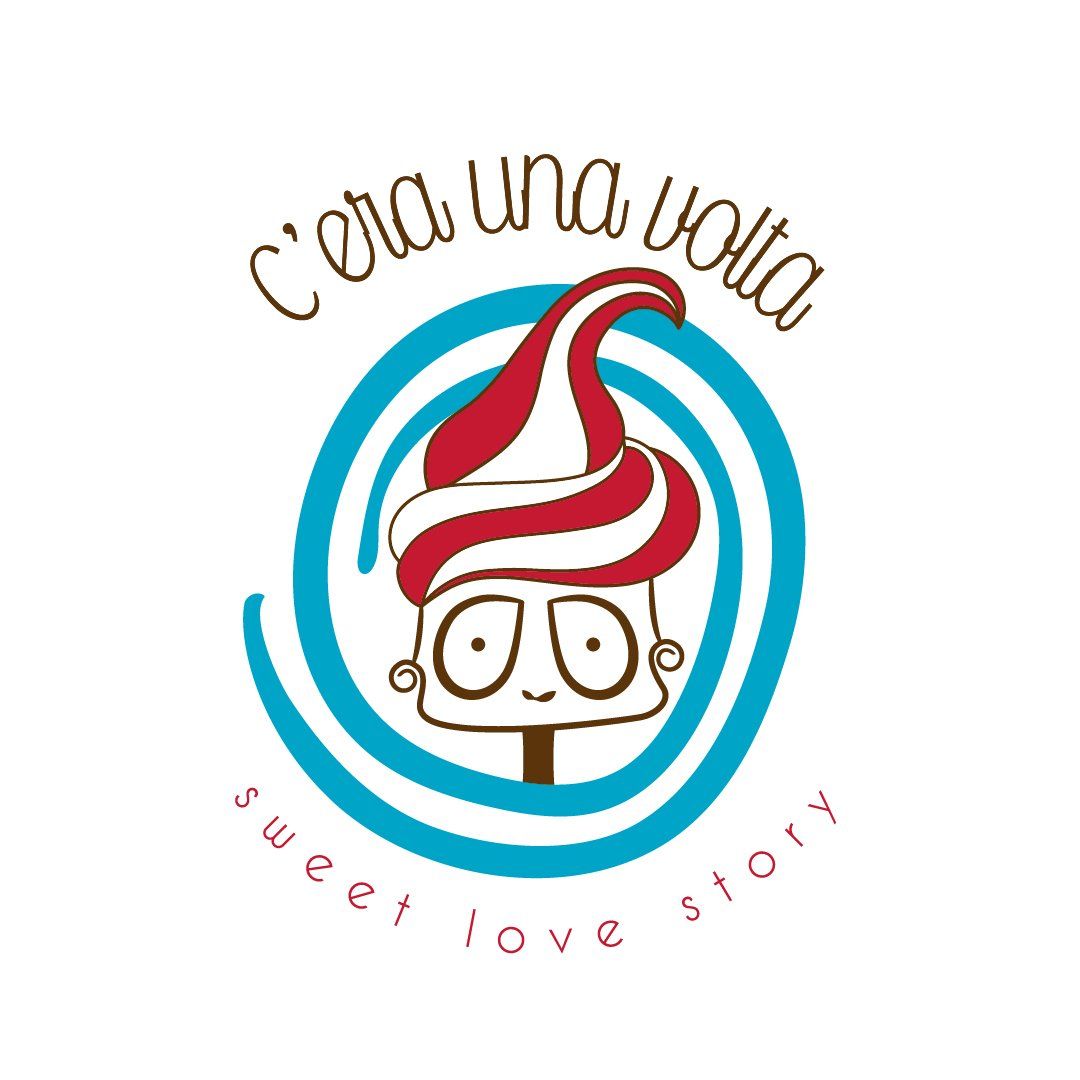 Logo with a dessert-themed character. Brown-outlined head with a swirled ice cream topping and teal spiral. 