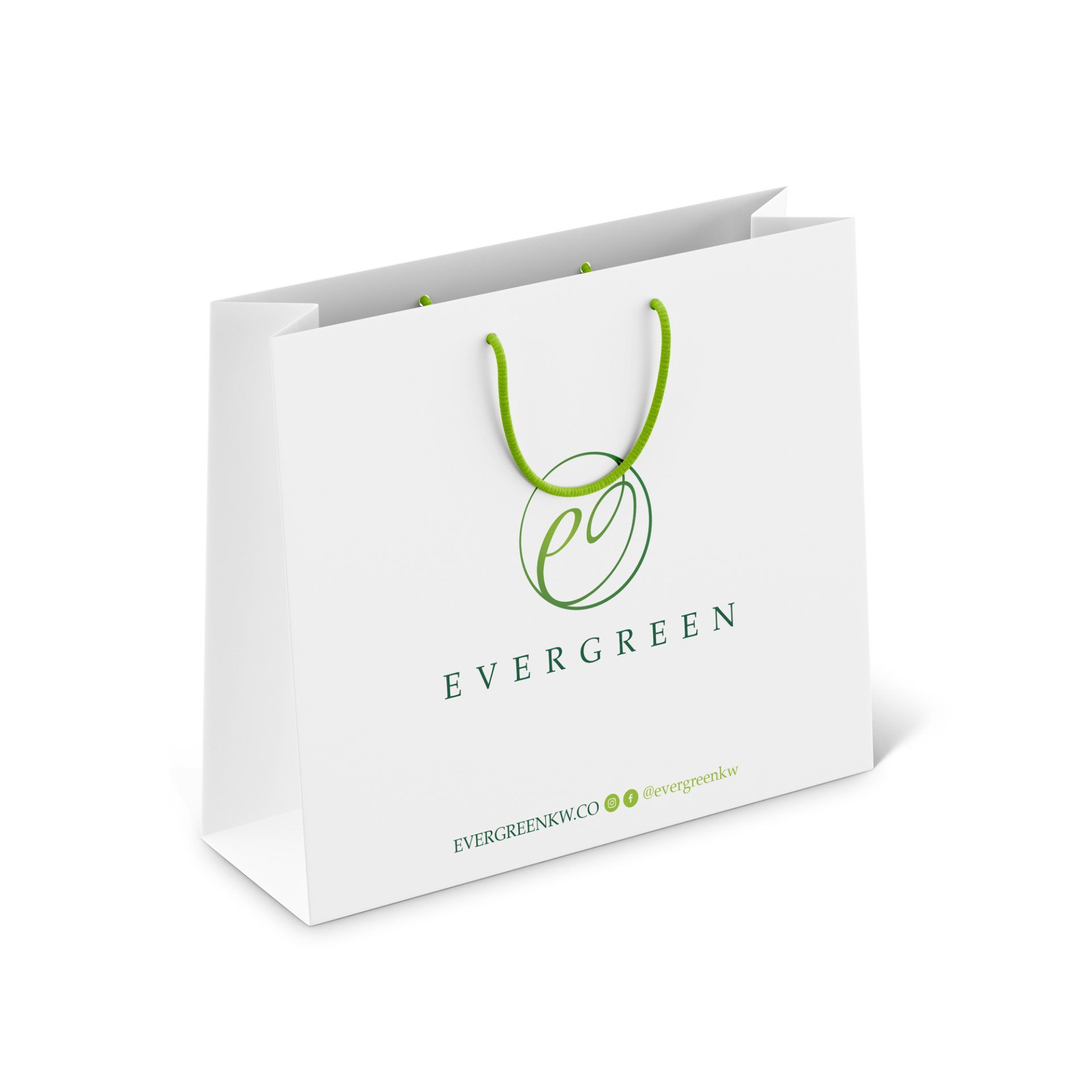 White shopping bag with green rope handles, 