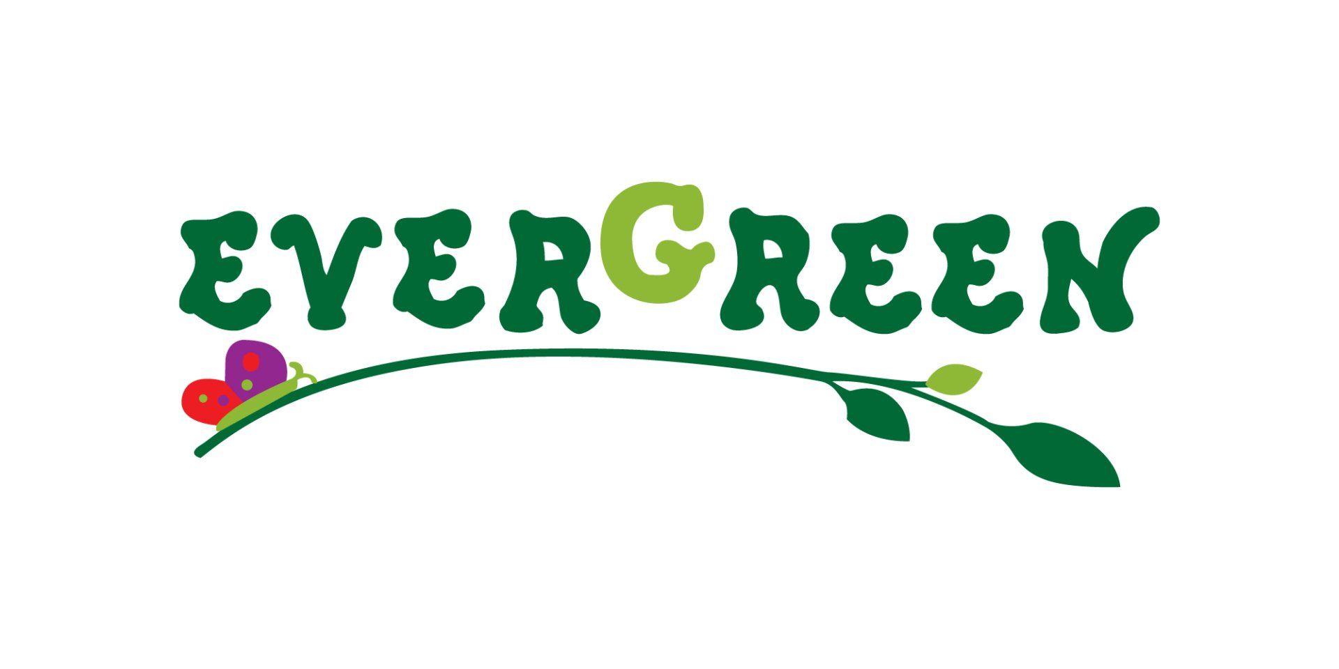 Evergreen logo with green text, a vine, and a flower.