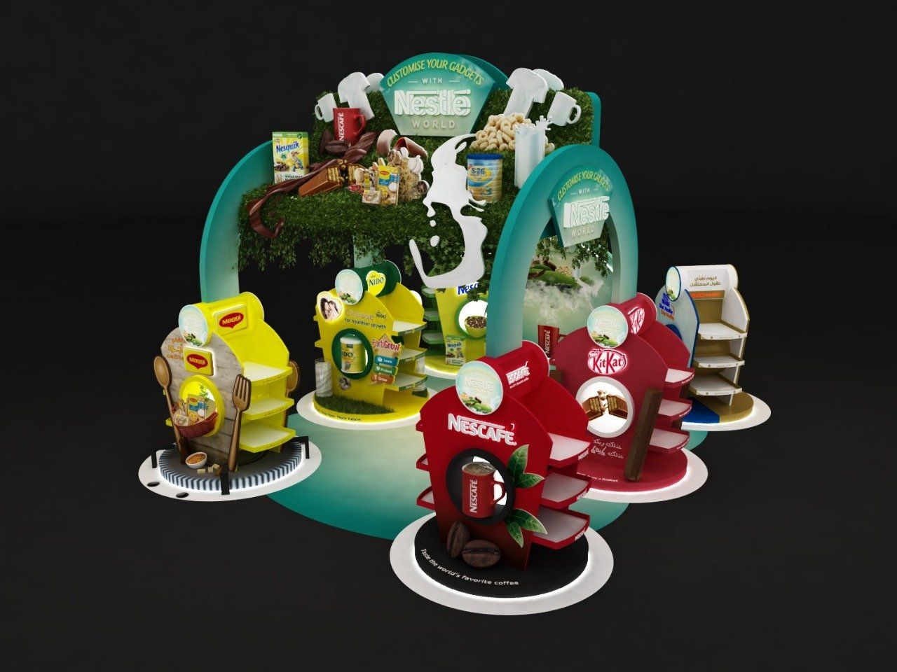 Nestlé product display with various colorful shelves and branding, showcasing different items.