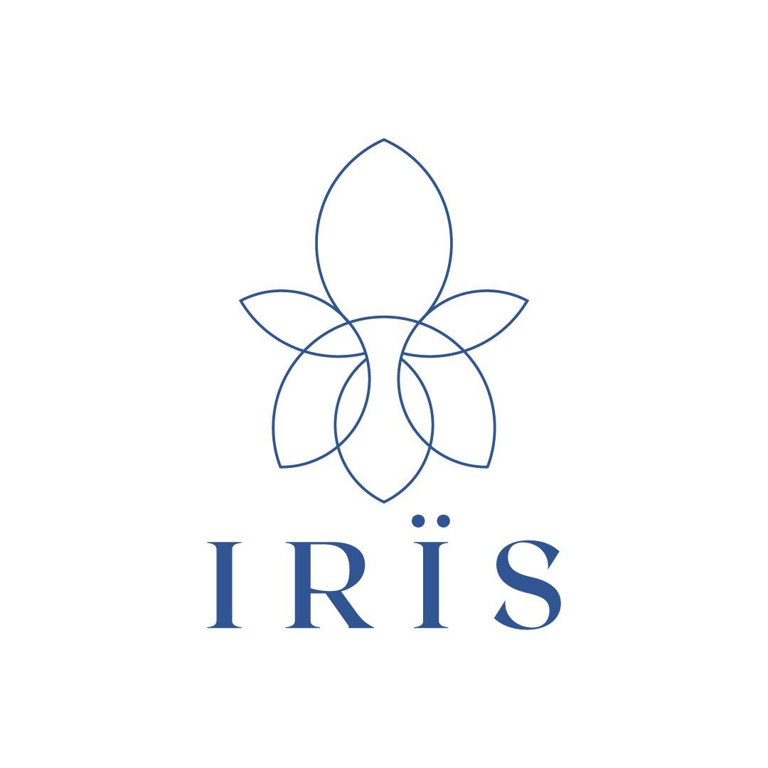 Blue logo with stylized flower above the word IRIS.