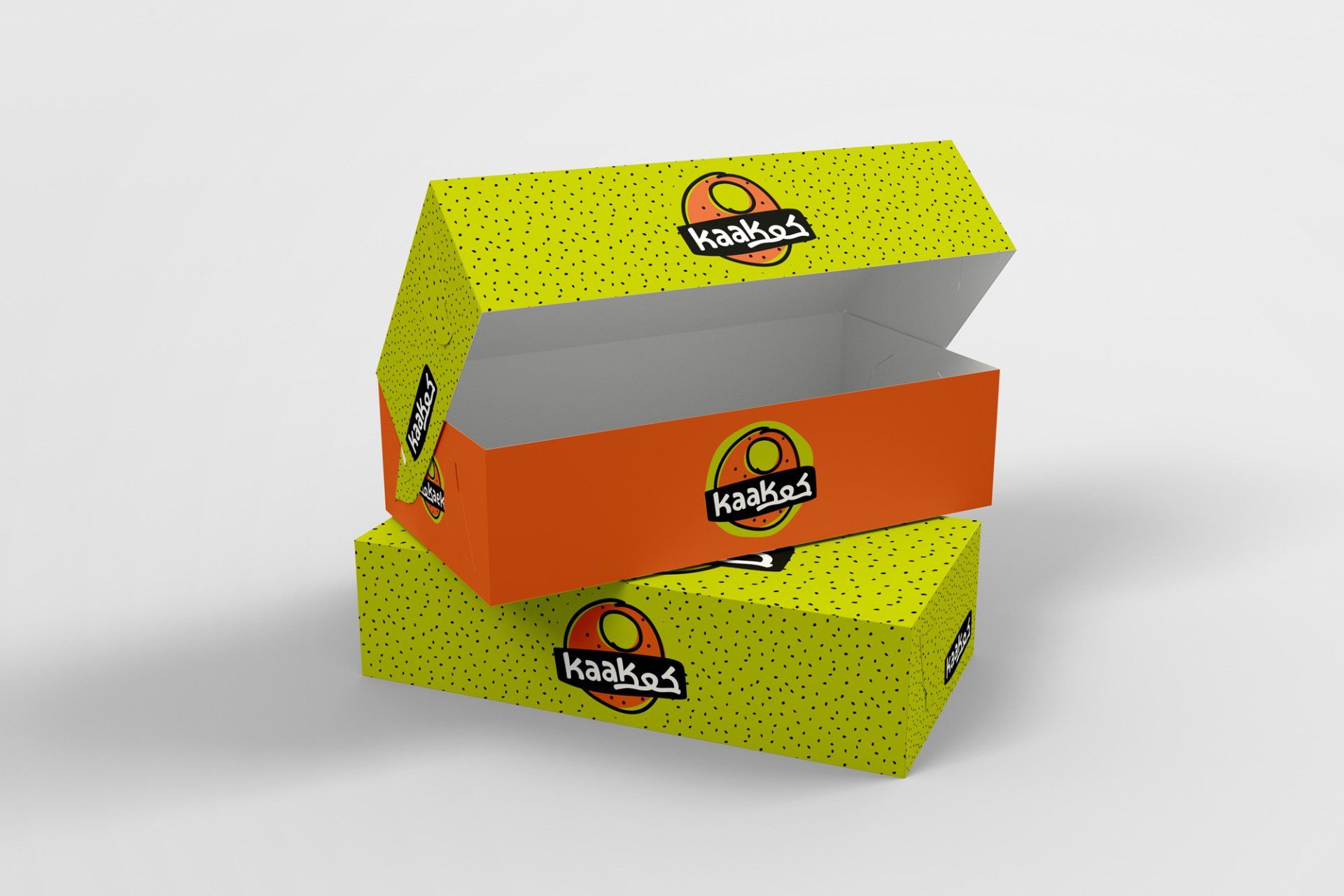 Two stacked, partially opened orange and yellow boxes with 