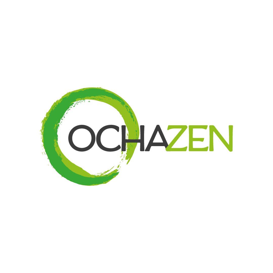 Ochazen logo: Green brushstroke circle with the name 