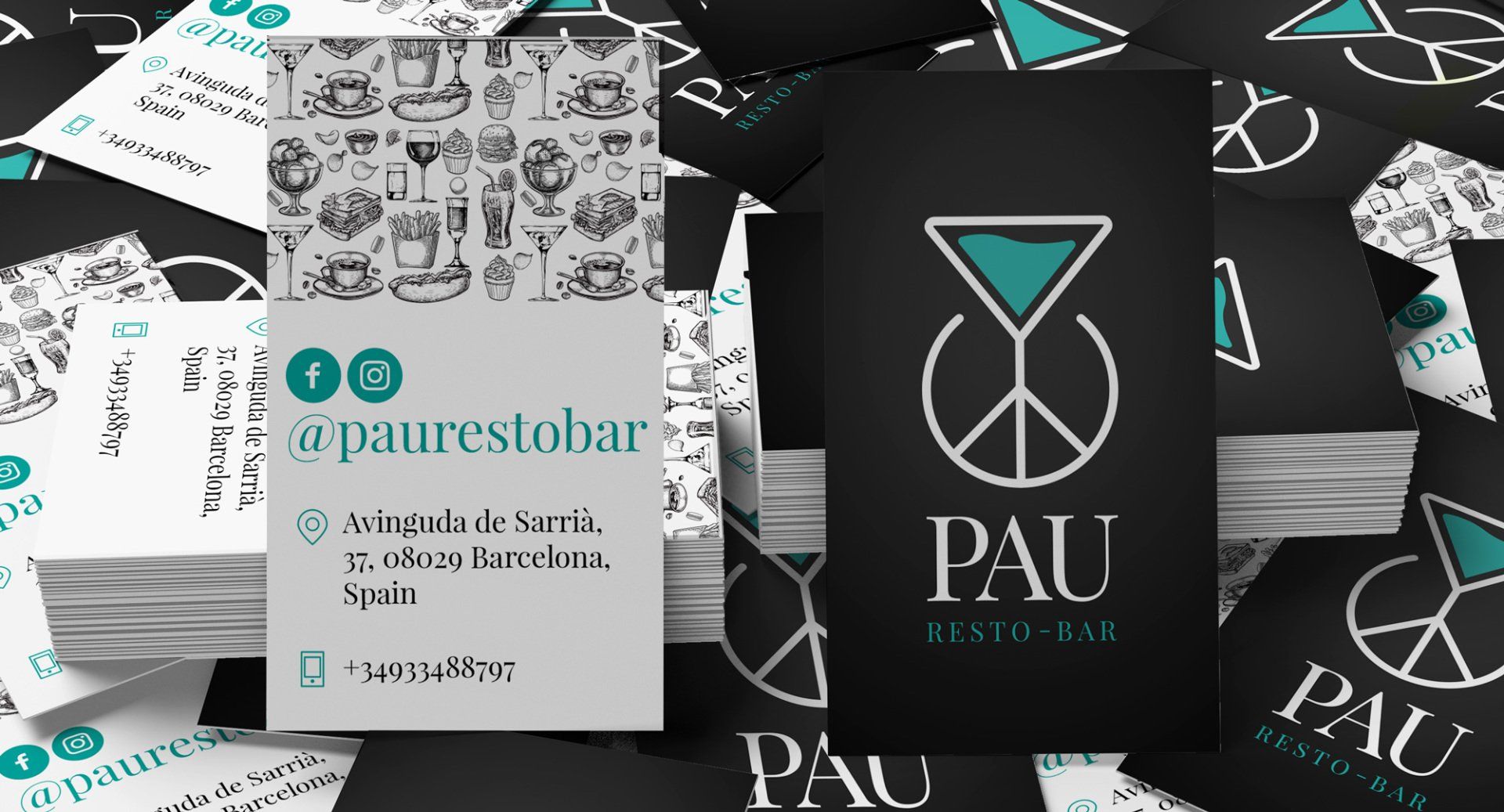 Business cards for PAU Resto-Bar with logo and contact info in white and teal against black.