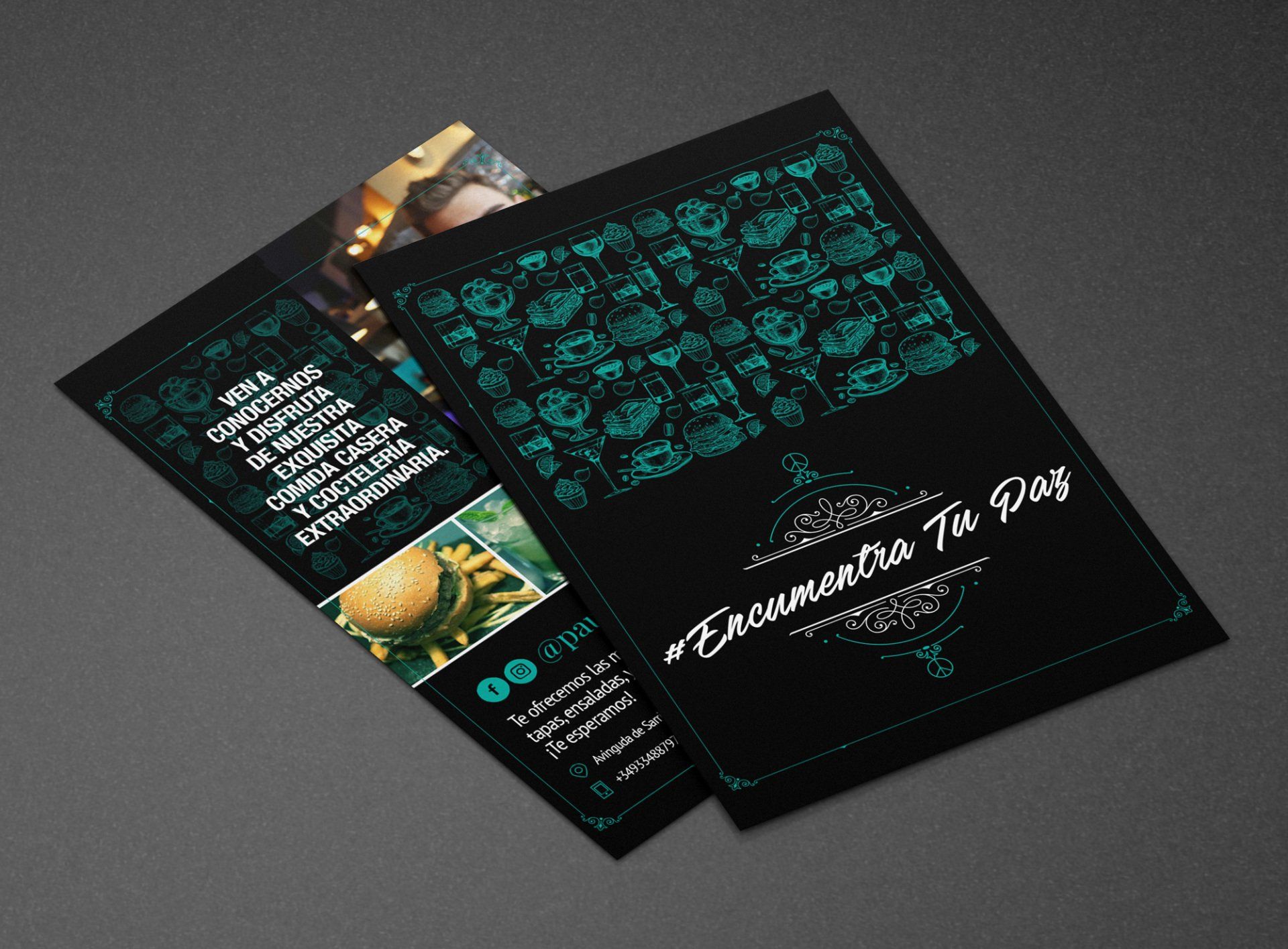 Two black brochures with teal accents. One shows text and photos, the other has a decorative pattern and logo.
